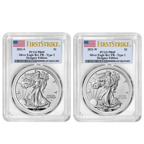 2021 Reverse Proof $1 American Silver Eagle Designer 2pc Set PCGS PR69 FS Flag