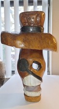 Hand Carved Wood Pirate Skull Tiki Decor 14" Rustic Nautical