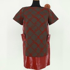 Mariagrazia Panizzi Geometric Grid Pattern Red Patent Leather Trim Dress Medium