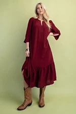 Burgandy Gigio  by Umgee Long Sleeve Midi Dress w/ V Neck & Notched Sleeves