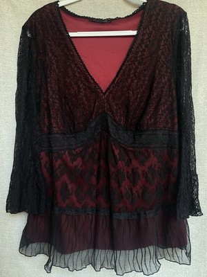 Burgundy Red Black Lace Top Sheer Empire Waist Bell Sleeves Goth Dark Romantic