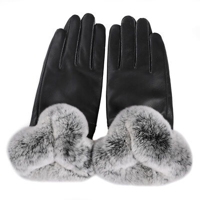 Women's Winter Warm Genuine Leather Gloves Rex Rabbit Fur Trim Cuff Velvet Lined