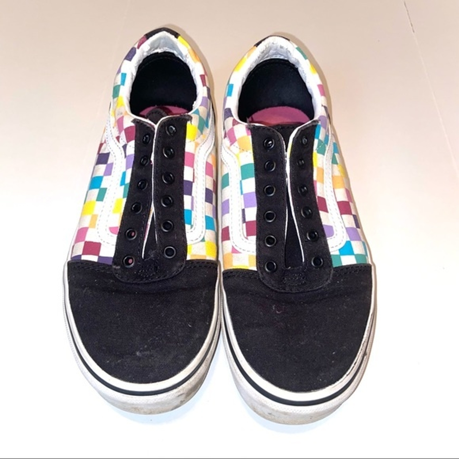 Vans old skool black rainbow checkered skate shoe mis… Gem