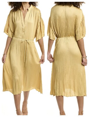 Vince Womens Mustard  Crushed Band Collar Belted Cap Sleeves S $495 NWT