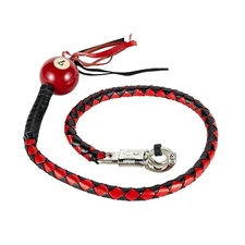 42" Leather Motorcycle Get Back Whip for Handlebar Biker with Ball, Black Red