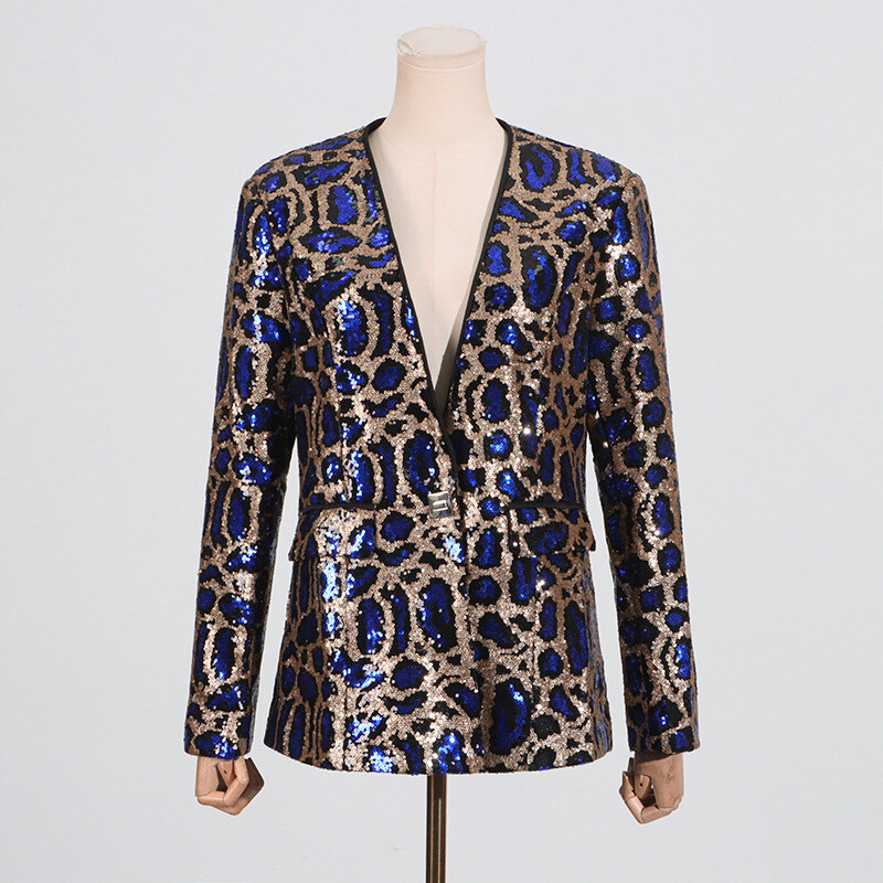 Blazer Women's Spring Leopard Printed Sequined Splicing Suit Coats Office V-neck-image