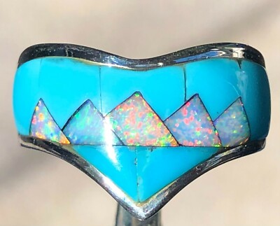 Alaska Native First Nations Gletscher Feuer Opal & Türkis Ring 10 Silber Schnee