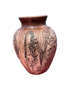 Fred Devlin Signed Colorado Pottery Vase Leaves Pressed Foliage Vintage