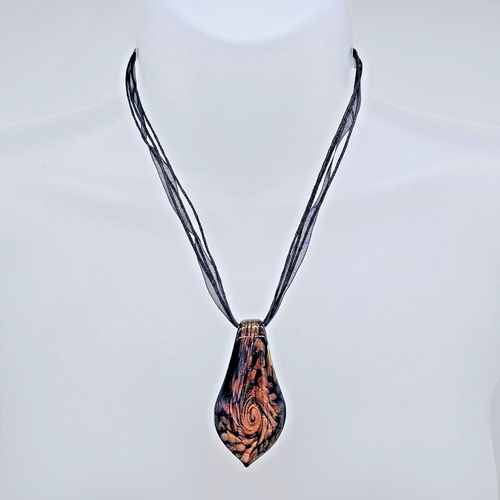 Copper Lampwork Necklace Art Glass Swirl Tear Drop Pendant Black Ribbon Chain - Picture 5 of 9