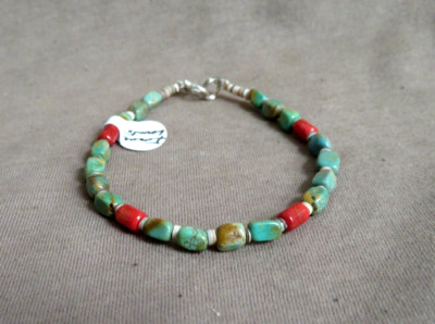 Native Santo Domingo Turquoise, Coral Heishi 7'' Bracelet by Irene Lovato JB280