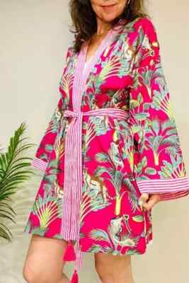 Cotton Robe Midi Kimono Sleepwear Indian Pink Floral Print Night Suit Kimonos