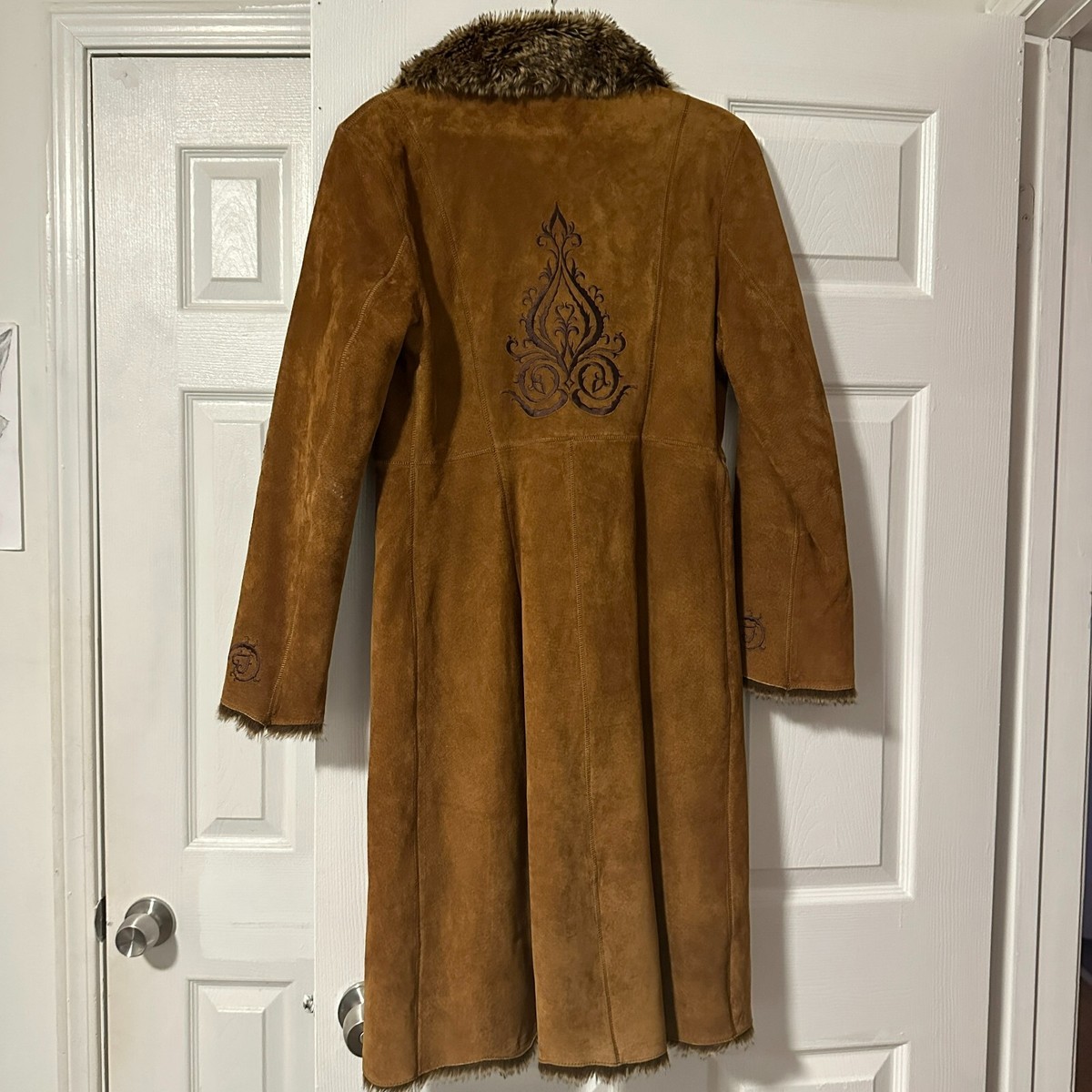 Vintage GUESS Leather Suede Embroidered Faux Fur Trench Coat