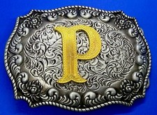 Custom Initial Letter P Monogram Two Tone Swirl Ornate Western WMG Belt Buckle