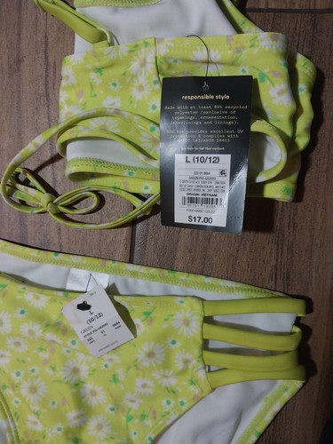 Art Class Girl's Size Large 10/12 Green Floral Bikini Swim Set UPF 50+ - Picture 5 of 6