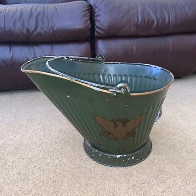 Vintage Metal Hand Painted Green Coal Scuttle Bucket USA Gold Eagle Patina - Image 1 of 4