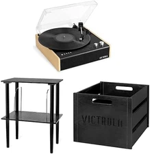 Eastwood 3-Speed Bluetooth Turntable, Black &  Wooden Stand for Wooden Music Cen