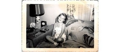1940s Girl on Floral Sofa Photograph- Mid-Century Lamp & Victor Audio Box Decor
