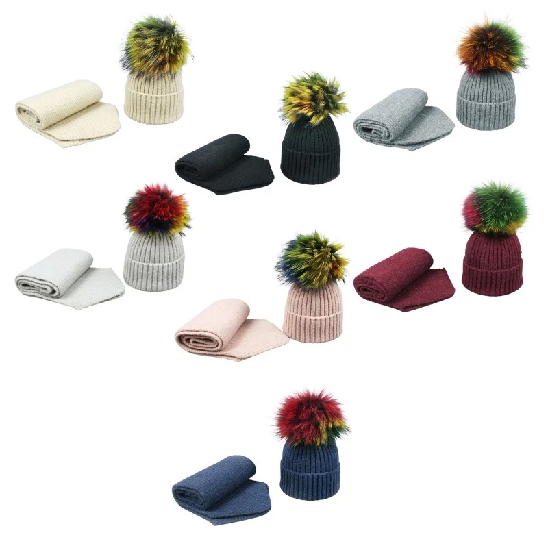 Adult Winter Warm 2Pcs Beanie Hat Long Scarf Set Colorful Pompom Knit Skull Cap