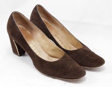 DeLiso Debs Brown Suede Gold Piping Leather Women's sz 7 A 2.5" Heels Vtg. Cool