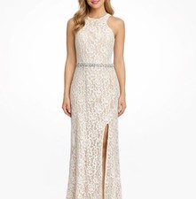 City Triangles Formal Dress Juniors 9 Ivory Lace Overlay Rhinestones Slit Prom