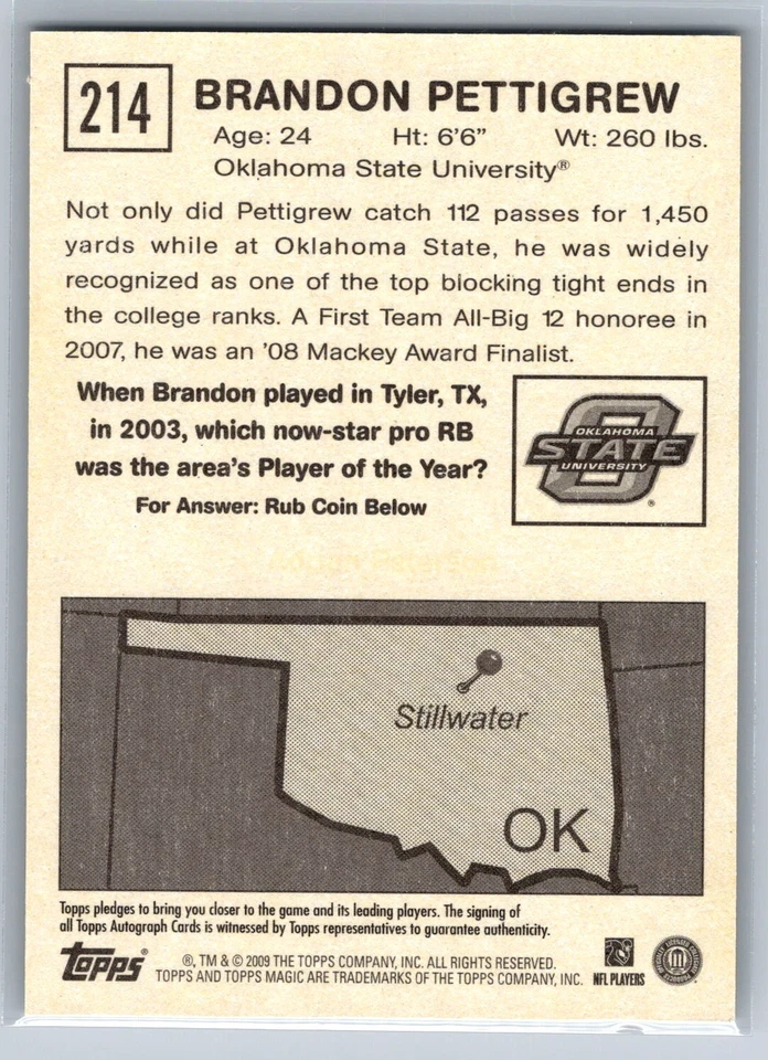 2009 Topps Magic #214 Brandon Pettigrew Rookie RC Autographs Oklahoma St. - Image 2 of 2