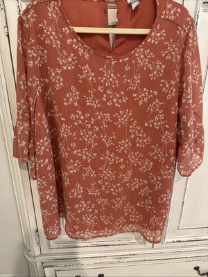 Plus Size 3x Orange Flower pattern blouse Bell sleeve Scoop Neck