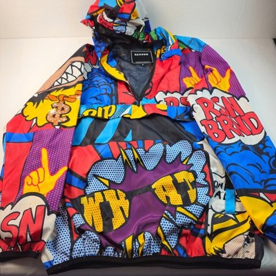 Reason NYC Comic Print Hooded Windbreaker Jacket Mesh Face Mask Size S