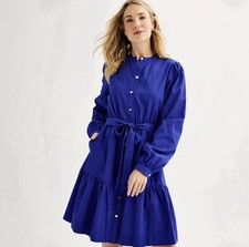 NWT Draper James RSVP Tiered Shirt Dress Blue Stripe Tie Long Sleeve Small Short