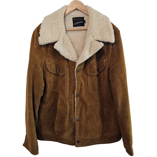 Vintage JCPenny Suede Jacket Mens 44R Brown 70s Sherpa Western Trucker Chore