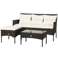 Patiojoy 3-Seat Sofa Cushioned Table Patio 3PCS  Rattan Furniture Set  Garden