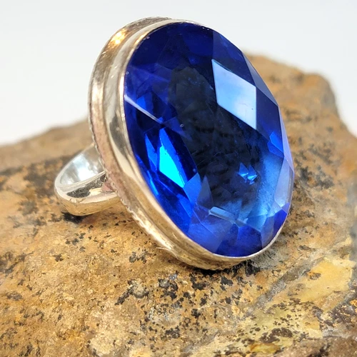 Vintage Royal Blue Quartz Ring Checkerboard Facet Oval Silver 925 Size 7