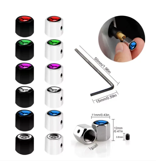 Tapas de vástago de válvula antirrobo para automóviles, camiones, motocicletas calavera plateadas y negras con Foto 3 de 4
