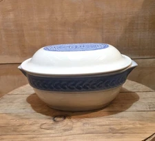 1 Longaberger Pottery Oval Covered Casserole with Blue trim & Blue Hearts. 10¾"L