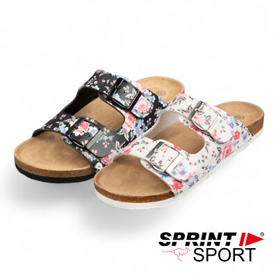 Pantoletten Damen Sandalen Blumen Hausschuhe Fußbett Gr. 36-41 Sprint Sport