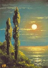 ACEO ORIGINAL OIL PAINTING Expressionism SEASCAPE Cypress Coast Night Moonrise 