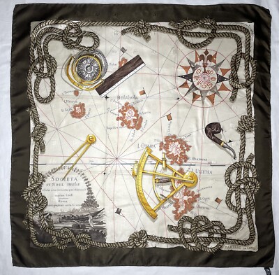 Mantero In Como Jacquard Compass And Map Brown Ivory Silk Shawl Scarf 