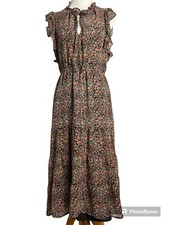 BB Dakota Steve Madden Tiered Midi Dress womens M 8 10 Black Floral Chiffon Boho