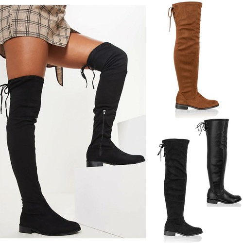 Mujer de las Señoras Botas largas de alto del muslo sobre la rodilla Taco  Bajo Zapatos De Cordones Talla | eBay