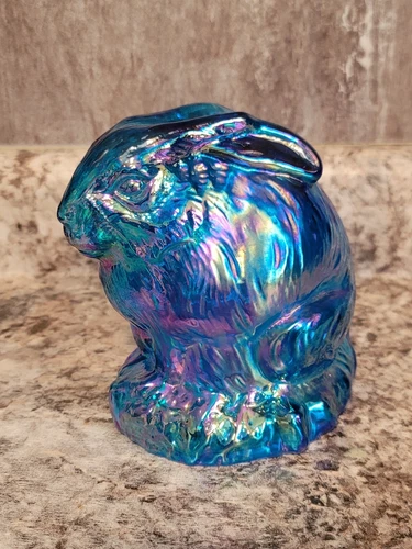 Fenton for Levay 1980 Electric Blue Iridized Carnival Glass Bunny Rabbit RARE