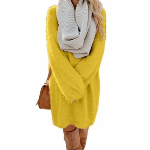 Autumn&Winter Warm Solid Color Round Neck Long Sleeve Sweater Women Mini Dress - Picture 3 of 10