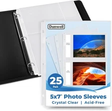 Dunwell 5x7 Photo Sleeves for 3-Ring Binder, (25 Pack) 5x7", Crystal Clear