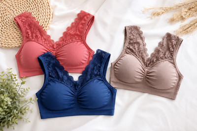 Neu 3er Set Bustiers BH mit Spitze und Einsatz Gr. 36/38-A-B beige/blau/rost