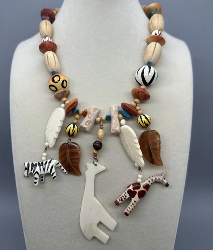 Vintage Holzperlen handgeschnitzt Zebra Giraffe Halskette Safari Stamm klobig 17 Zoll