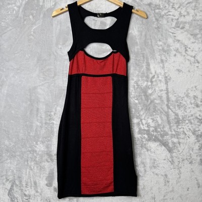 2b bebe Dress Womens Medium Black Red Cut Out Bodycon Metallic Party Clubwear