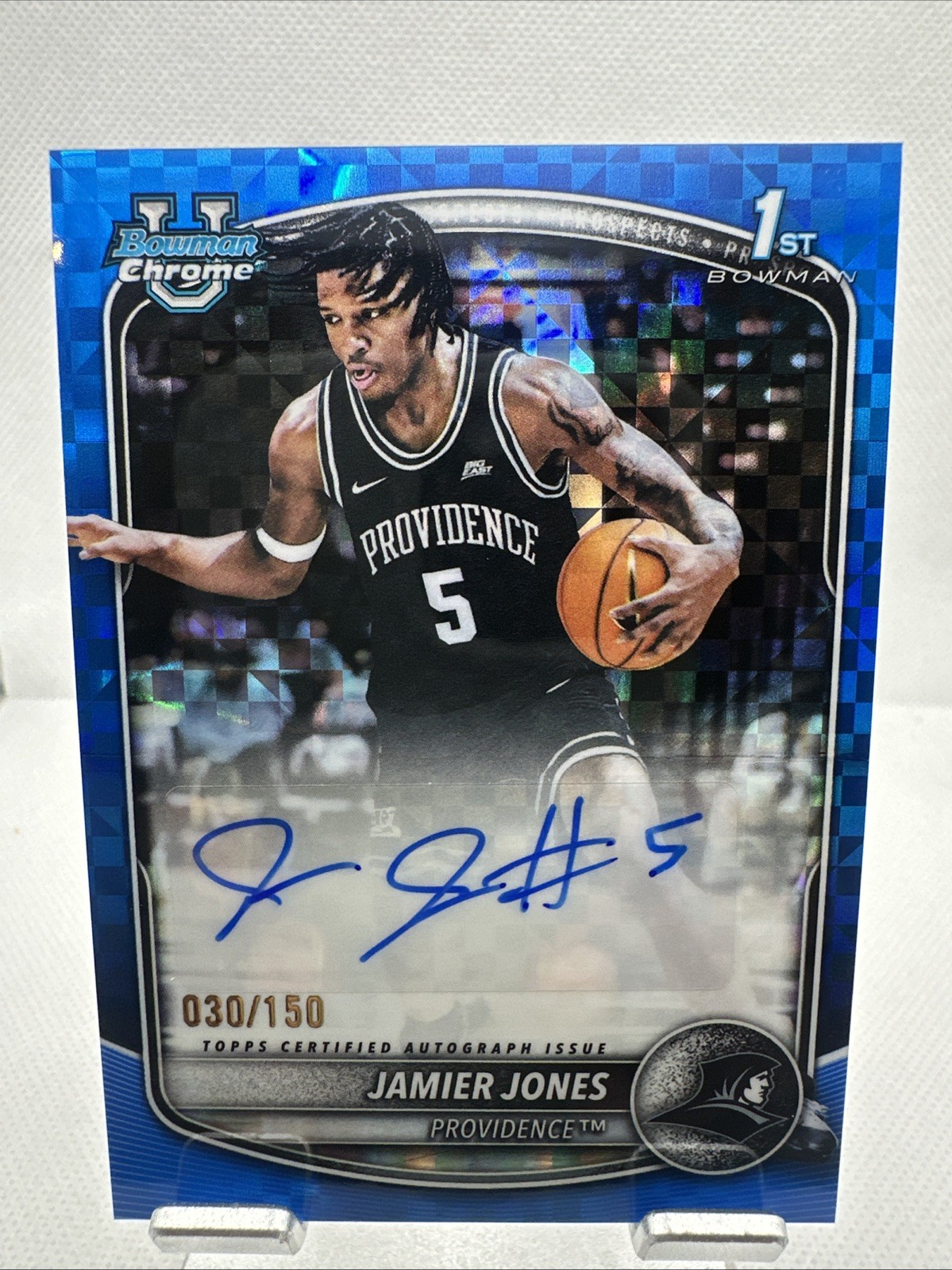 2025-26 Bowman Jamier Jones Chrome Auto Blue X-Fractor 1st Prospect #/150 Friars