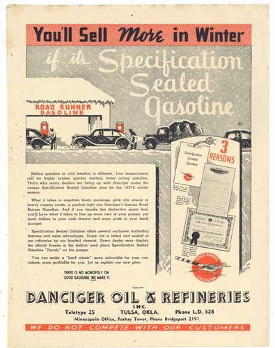 1937 Danciger Oil & Refineries of Tulsa Oklahoma Ad: Road Runner Gasoline