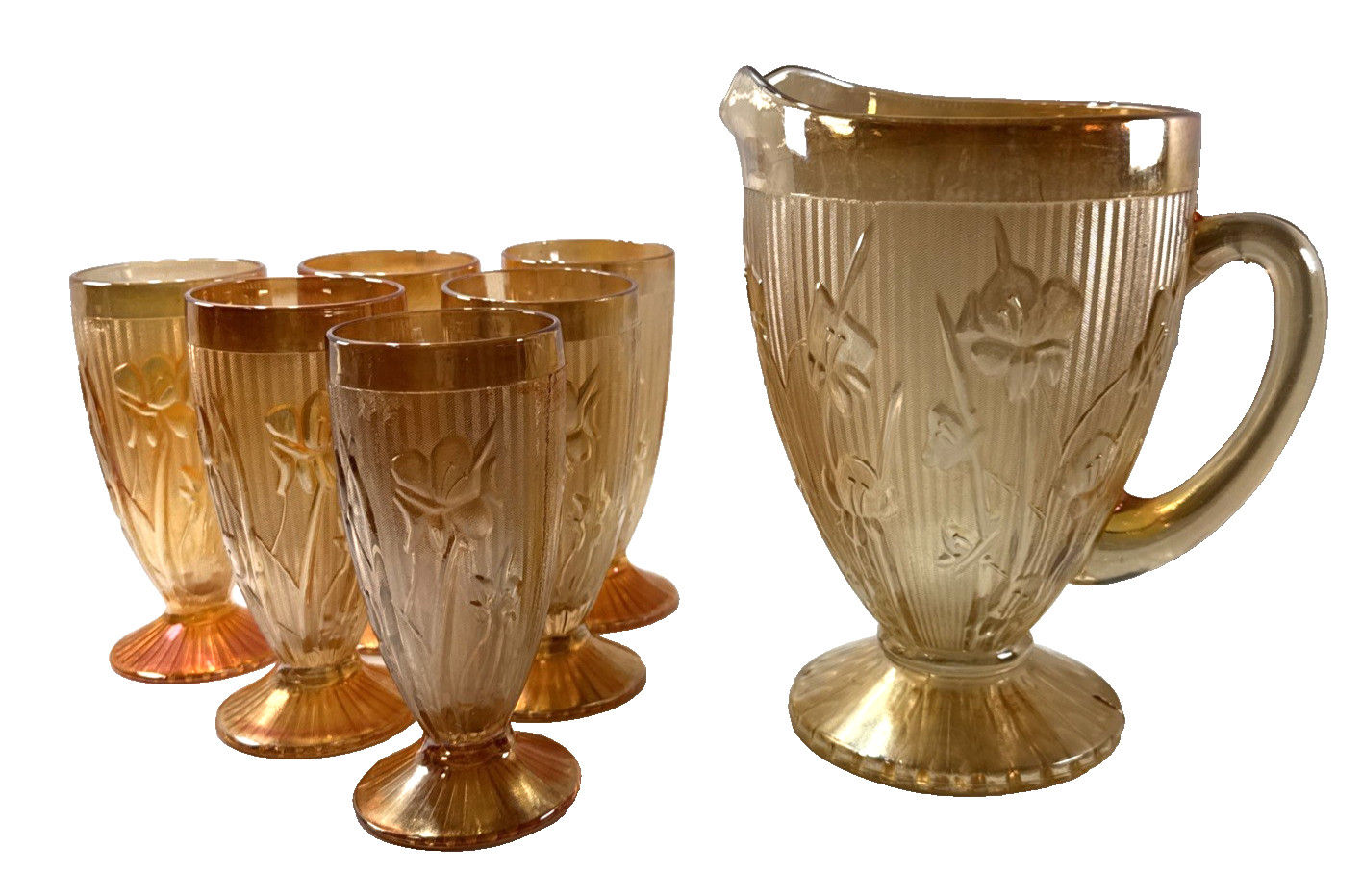 Vintage ESTATE Jeanette Iris and Herringbone Iridescent Pitcher & 6 Glass SET