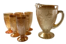 Vintage ESTATE Jeanette Iris and Herringbone Iridescent Pitcher & 6 Glass SET