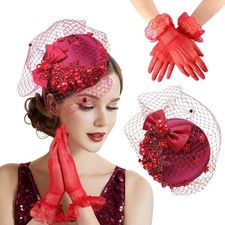 Fascinator Hat Tea Party Beaded Pearl Derby Hats and Bowknot Lace Gloves Red