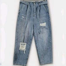 Vervet Extra High Rise Distressed Belted Jeans Sz 29x24.5 Paperbag Waist Frayed